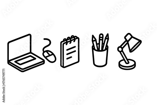 Essential workspace objects including a laptop, mouse, notepad, pencils, and adjustable desk lamp