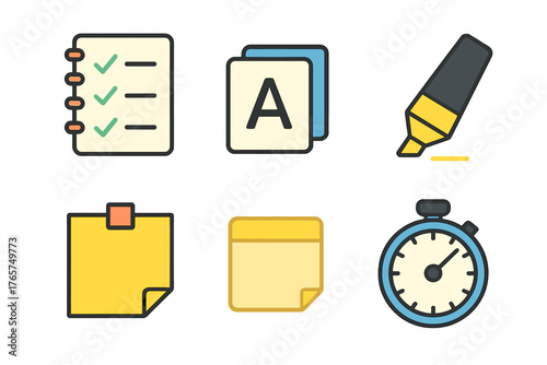Productivity and office supply icons: checklist, documents, highlighter, sticky notes, stopwatch