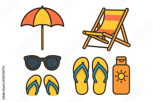 Beach essentials for summer vacation including umbrella, chair, sunglasses, flip flops, and sunscreen