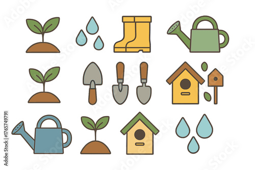 Spring gardening set with seedlings, tools, rubber boots, and birdhouses