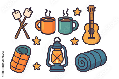 Essential camping and outdoor recreation items set including sleeping bags, lantern, and guitar