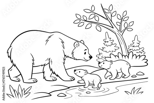 A cute bear family (mother and two cubs) playing near a small stream in the forest, line art, coloring page, clean black outline, white background, no fill, no shading, no colors, vector illustration