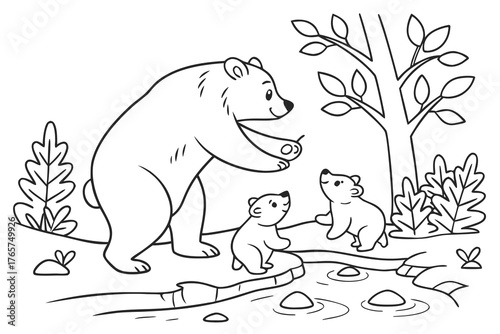 A cute bear family (mother and two cubs) playing near a small stream in the forest, line art, coloring page, clean black outline, white background, no fill, no shading, no colors, vector illustration