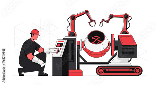 Automated construction site with robotic arms and concrete mixer controlled by a worker