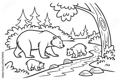 A cute bear family (mother and two cubs) playing near a small stream in the forest, line art, coloring page, clean black outline, white background, no fill, no shading, no colors, vector illustration