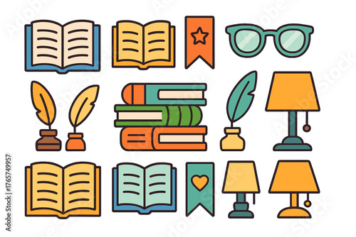 Colorful collection of objects related to reading, education, and literary study