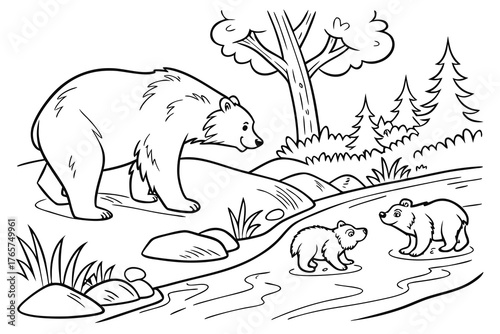 A cute bear family (mother and two cubs) playing near a small stream in the forest, line art, coloring page, clean black outline, white background, no fill, no shading, no colors, vector illustration