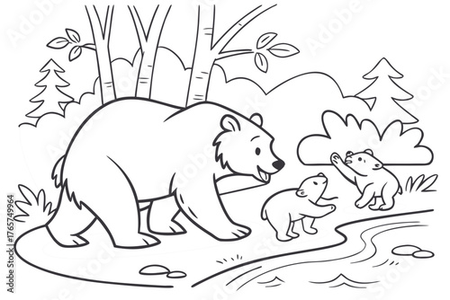 A cute bear family (mother and two cubs) playing near a small stream in the forest, line art, coloring page, clean black outline, white background, no fill, no shading, no colors, vector illustration