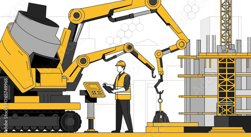 Automated construction site showing an operator controlling robotic equipment for building project