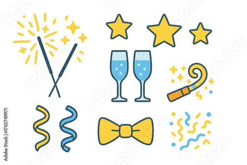 Celebration elements for New Year party including champagne glasses, sparklers, and confetti