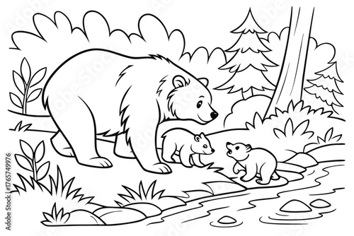 A cute bear family (mother and two cubs) playing near a small stream in the forest, line art, coloring page, clean black outline, white background, no fill, no shading, no colors, vector illustration