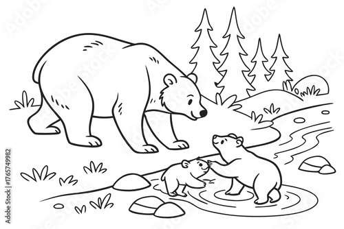 A cute bear family (mother and two cubs) playing near a small stream in the forest, line art, coloring page, clean black outline, white background, no fill, no shading, no colors, vector illustration