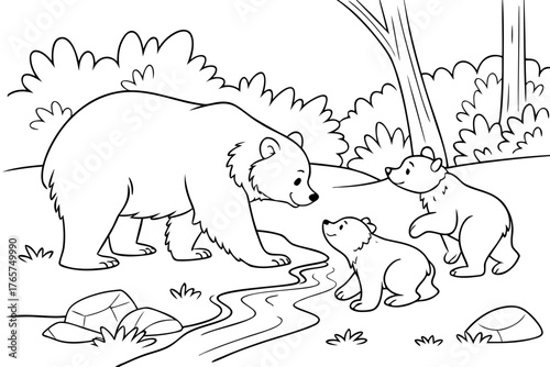 A cute bear family (mother and two cubs) playing near a small stream in the forest, line art, coloring page, clean black outline, white background, no fill, no shading, no colors, vector illustration