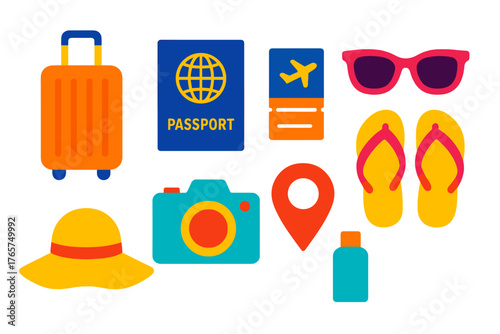 Colorful essential items for summer vacation and international travel planning