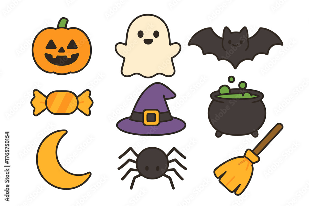 Fototapeta premium Cute collection of Halloween symbols including pumpkin, ghost, bat, witch hat, cauldron, and spider
