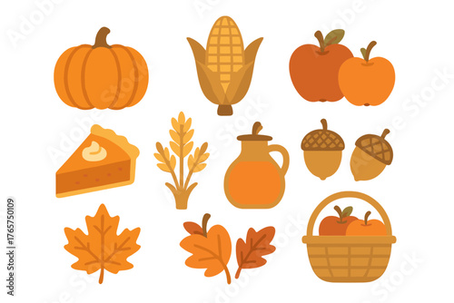 Autumn harvest collection featuring pumpkin, corn, apples, pie, and fall leaves