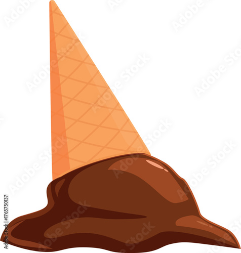 Chocolate ice cream melting from its cone on a white background, representing summer heat or disappointment