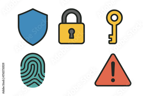 Essential security and warning symbols set including shield, padlock, key, fingerprint, and caution sign