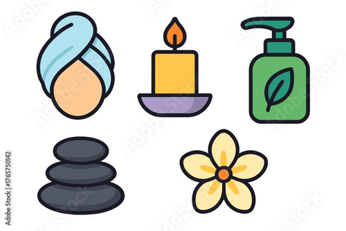 Essential spa and wellness symbols: towel wrapped head, burning candle, lotion, massage stones, and tropical flower