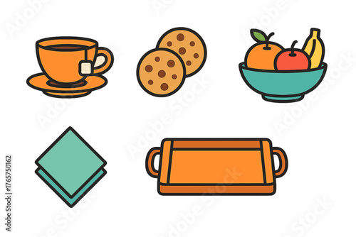 Collection of breakfast and snack items: hot tea, cookies, fruit bowl, and serving tray