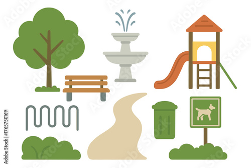 Public park and outdoor recreation elements including tree bench fountain and playground equipment