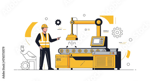 Automated manufacturing process illustration with robotic arm and human engineer working