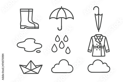 Rainy autumn weather elements outline including boots umbrella coat puddle and clouds