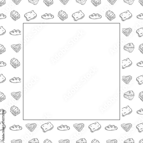 Hand Drawn Bread square frame. Doodle Bakery frame background