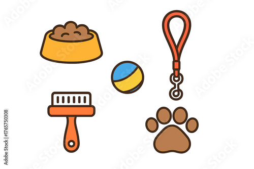 Pet care accessories set including food bowl grooming brush toy ball leash and paw print symbol