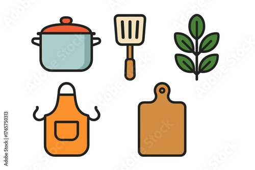 Collection of essential kitchen tools and cooking equipment icons including pot spatula and apron