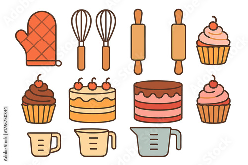 Colorful set of kitchen baking utensils, equipment, and sweet desserts including cakes and oven mitt