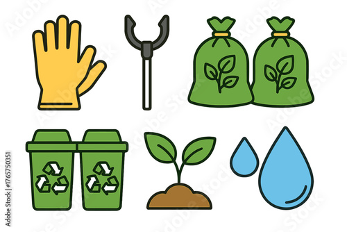 Essential tools and symbols for environmental cleanup, gardening, and recycling