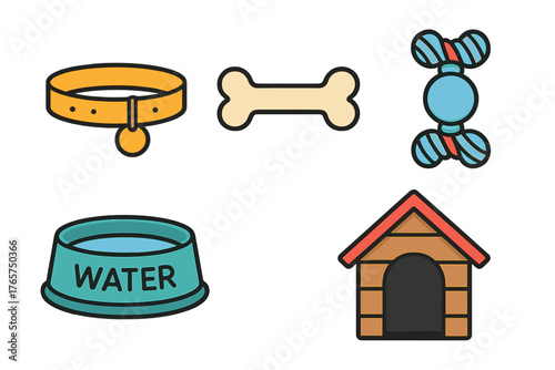 Essential pet dog supplies icons: collar, bone, chew toy, water bowl, and kennel house