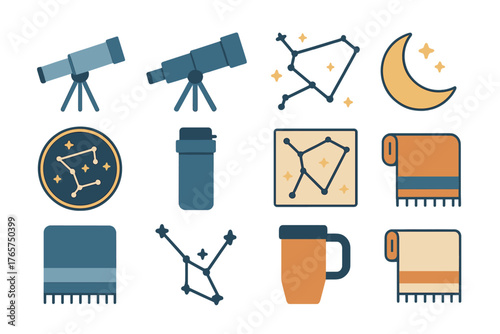 Stargazing equipment and outdoor camping accessories with constellations and moon