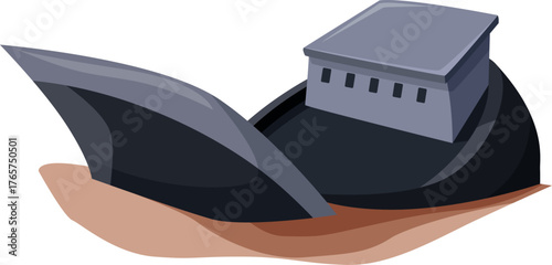 Cartoon illustration of a sunken shipwreck lying on the ocean floor, with the cabin visible above the waterline