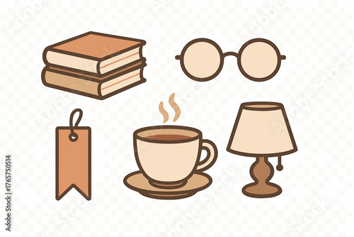 Set of cozy reading essentials with stacked books, steaming coffee, eyeglasses, and table lamp