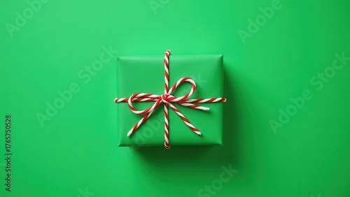 neatly wrapped green gift with red and white twine on solid green background showing festive charm and seasonal greeting composition concept of christmas, holiday, retail industry