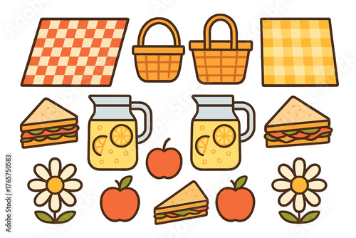 Set of picnic essentials including checkered blanket, woven basket, lemonade, sandwiches, and apples