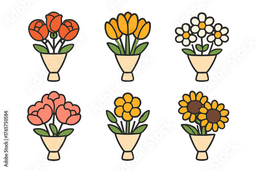 Six colorful bouquets of blooming flowers including roses, tulips, and sunflowers
