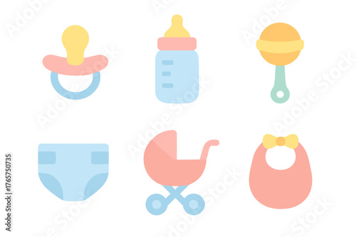 Collection of newborn baby essentials including pacifier, bottle, rattle, diaper, and stroller