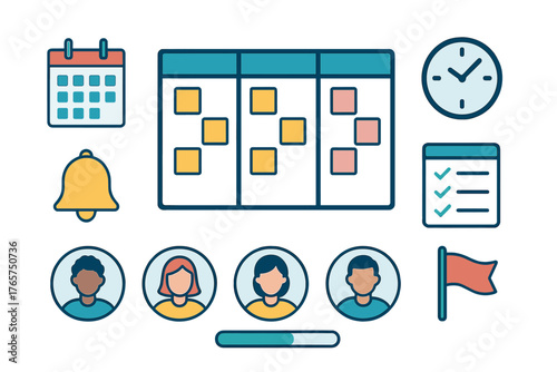 Project management icons set including Kanban board calendar clock and diverse team avatars