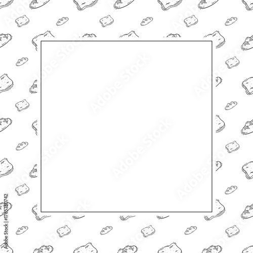 Hand Drawn Bread square frame. Doodle Bakery frame background