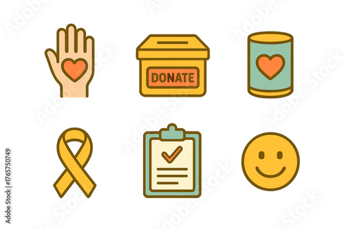 Colorful outlined icons representing charity, donation, help, and volunteering concepts like food, ribbon, and checklist
