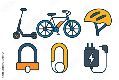 Electric scooter bicycle helmet locks and battery charger accessories for modern urban commuting