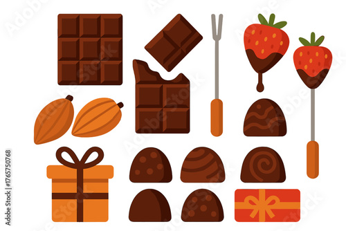 Collection of chocolate bars, bonbons, cocoa pods, dipped strawberries, and festive gift boxes
