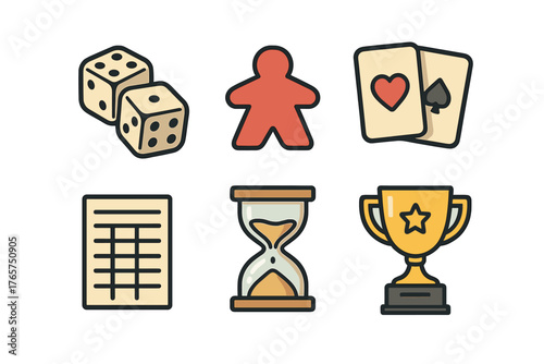 Essential board game components set including dice, meeple, cards, timer, score sheet, and trophy