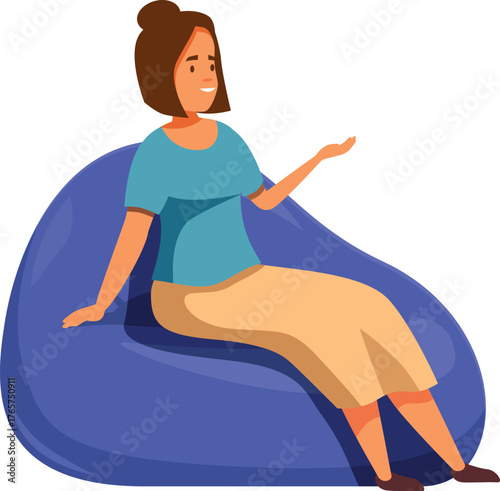 Cheerful young woman sitting comfortably on a beanbag chair, gesturing with her hand as if explaining something