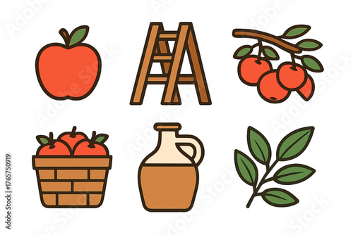 Collection of icons representing apple harvest season, including fruit, ladder, basket, and cider jug