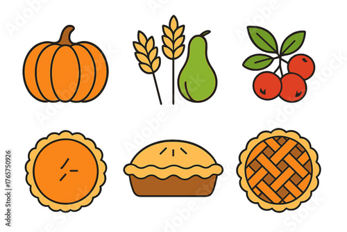 Autumn harvest food items including pumpkin, wheat, pear, cherries, and baked pies