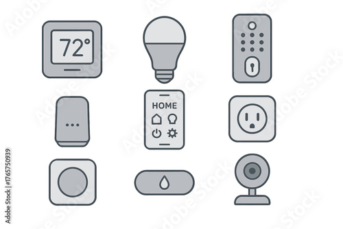 Modern smart home automation symbols for security, climate control, and connectivity devices